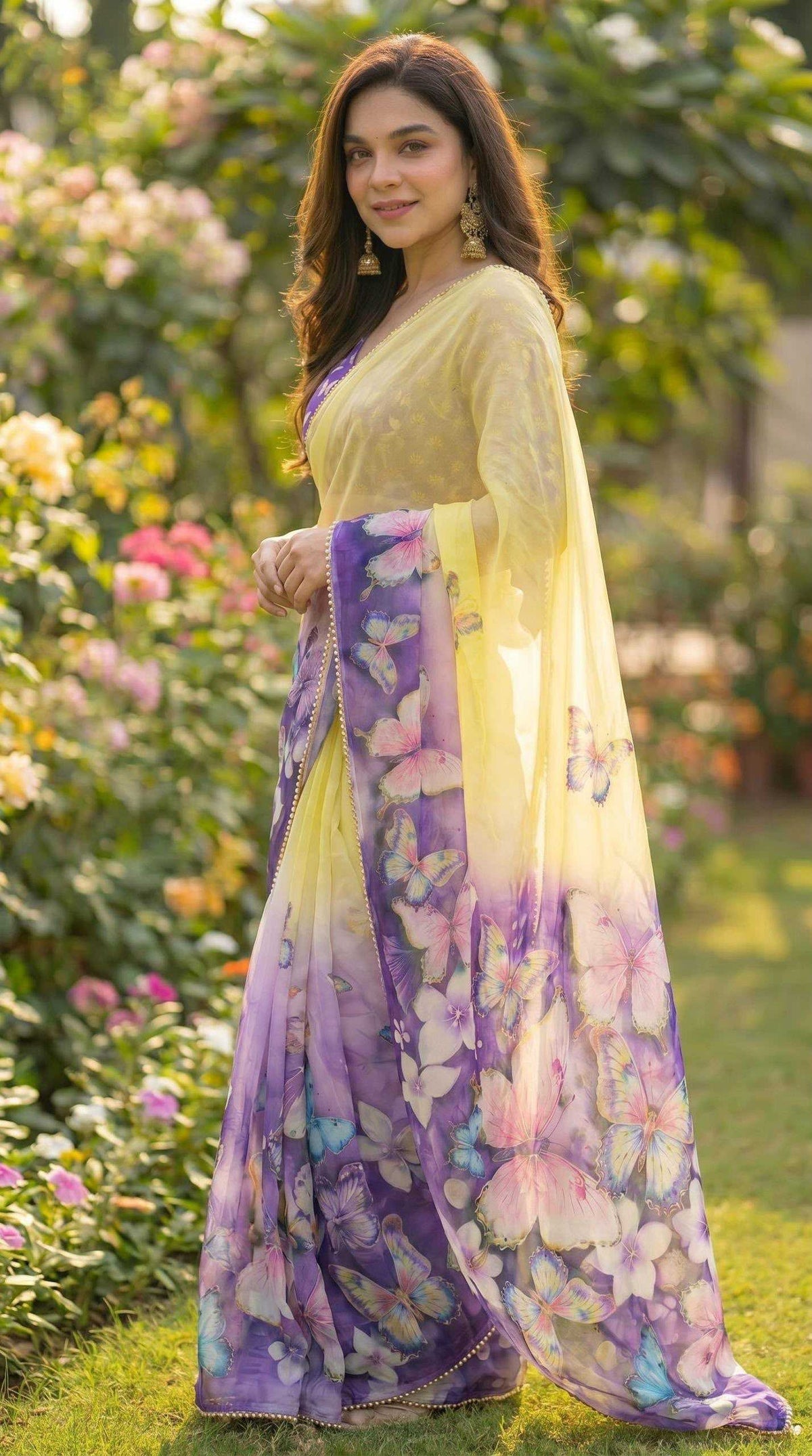 Georgette Printed Saree in Light Yellow