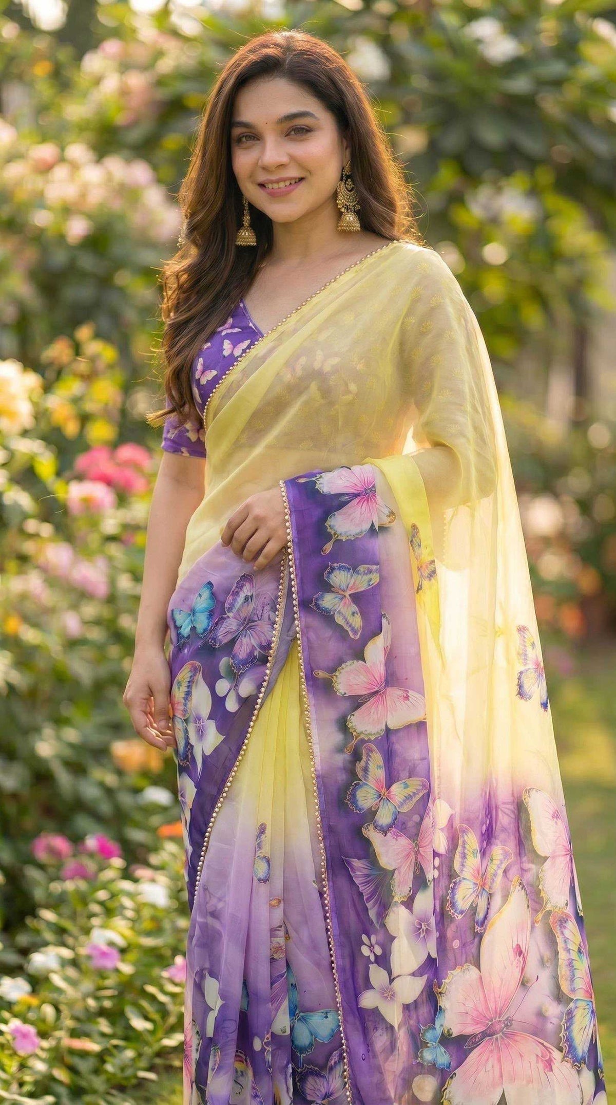 Georgette Printed Saree in Light Yellow