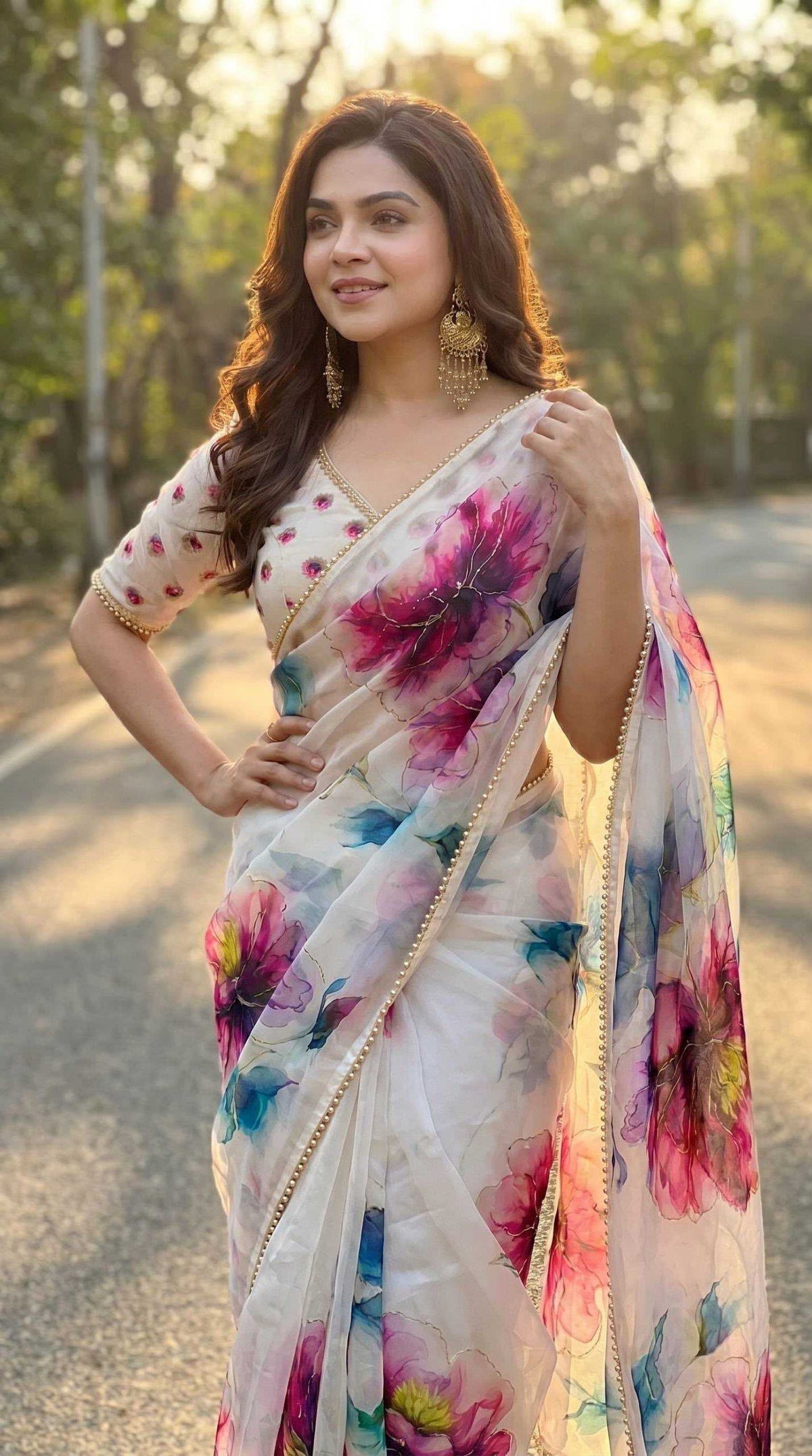 Georgette Printed Saree in Wine