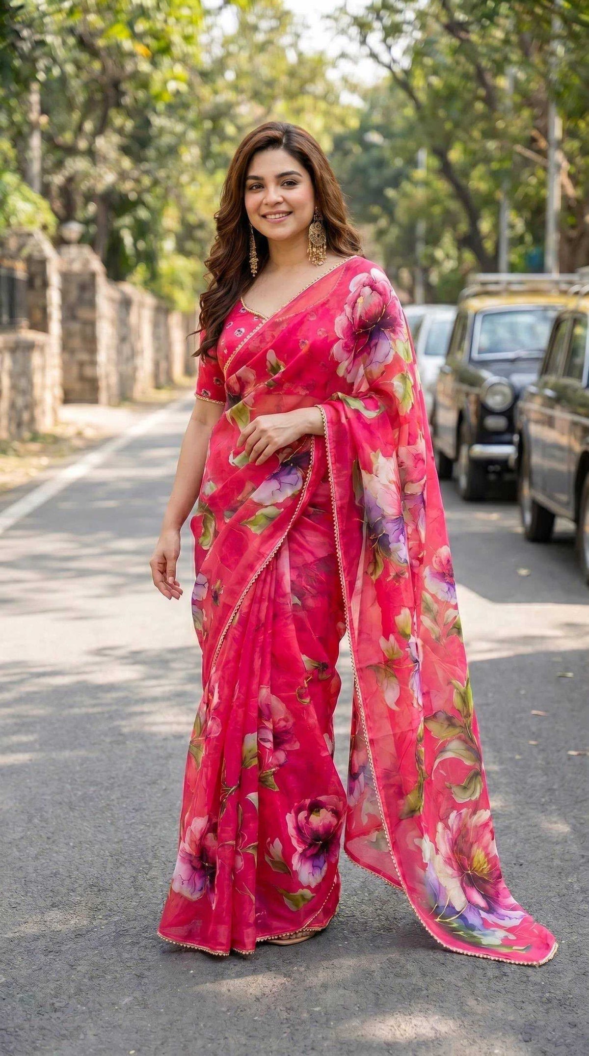 Georgette Printed Saree in Wine
