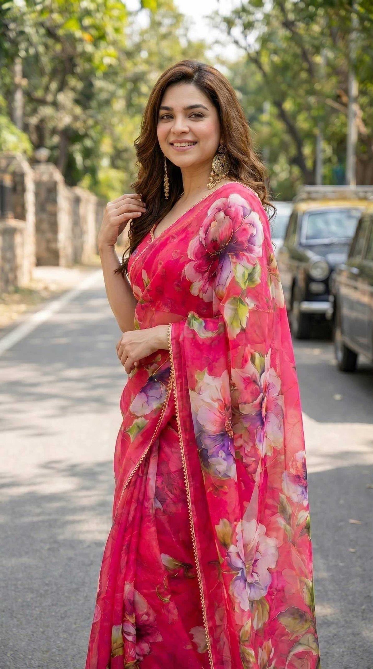 Georgette Printed Saree in Wine