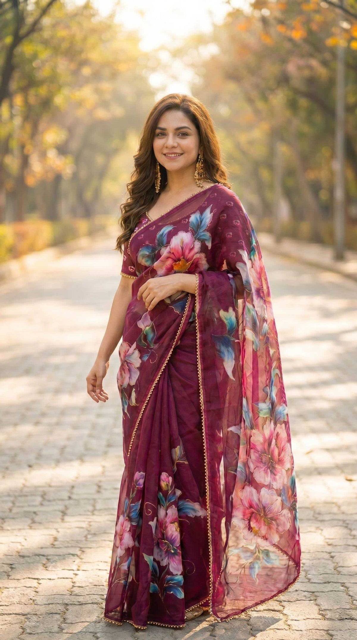 Georgette Printed Saree in Wine