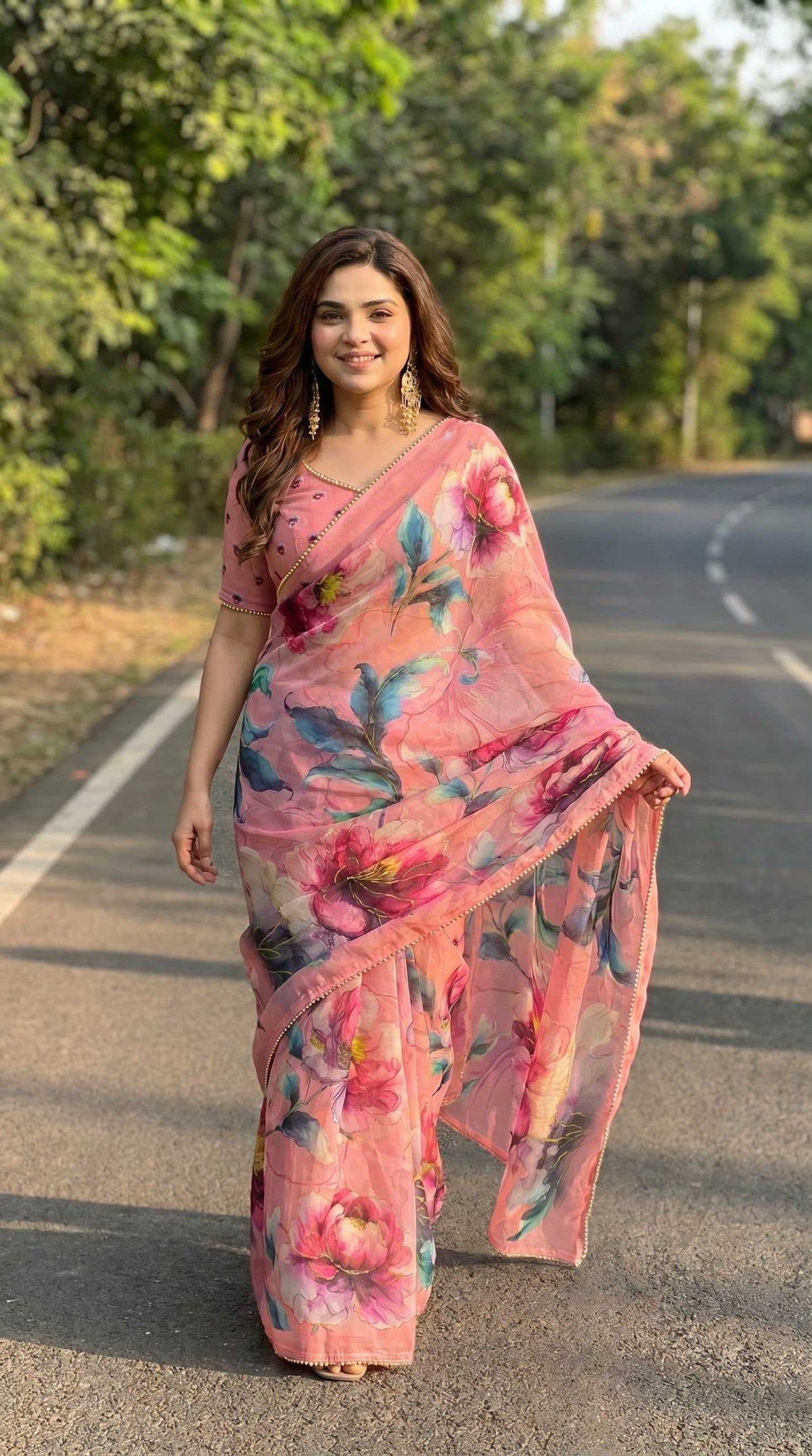 Georgette Printed Saree in Wine