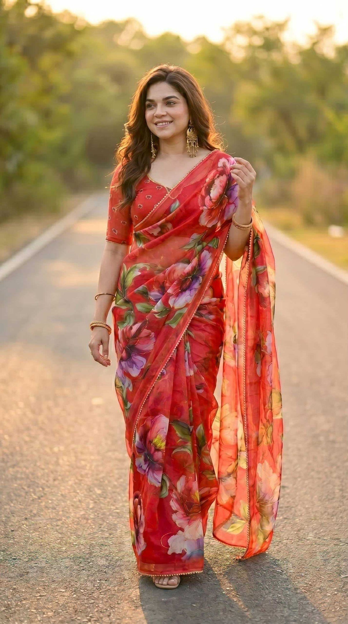 Georgette Printed Saree in Wine