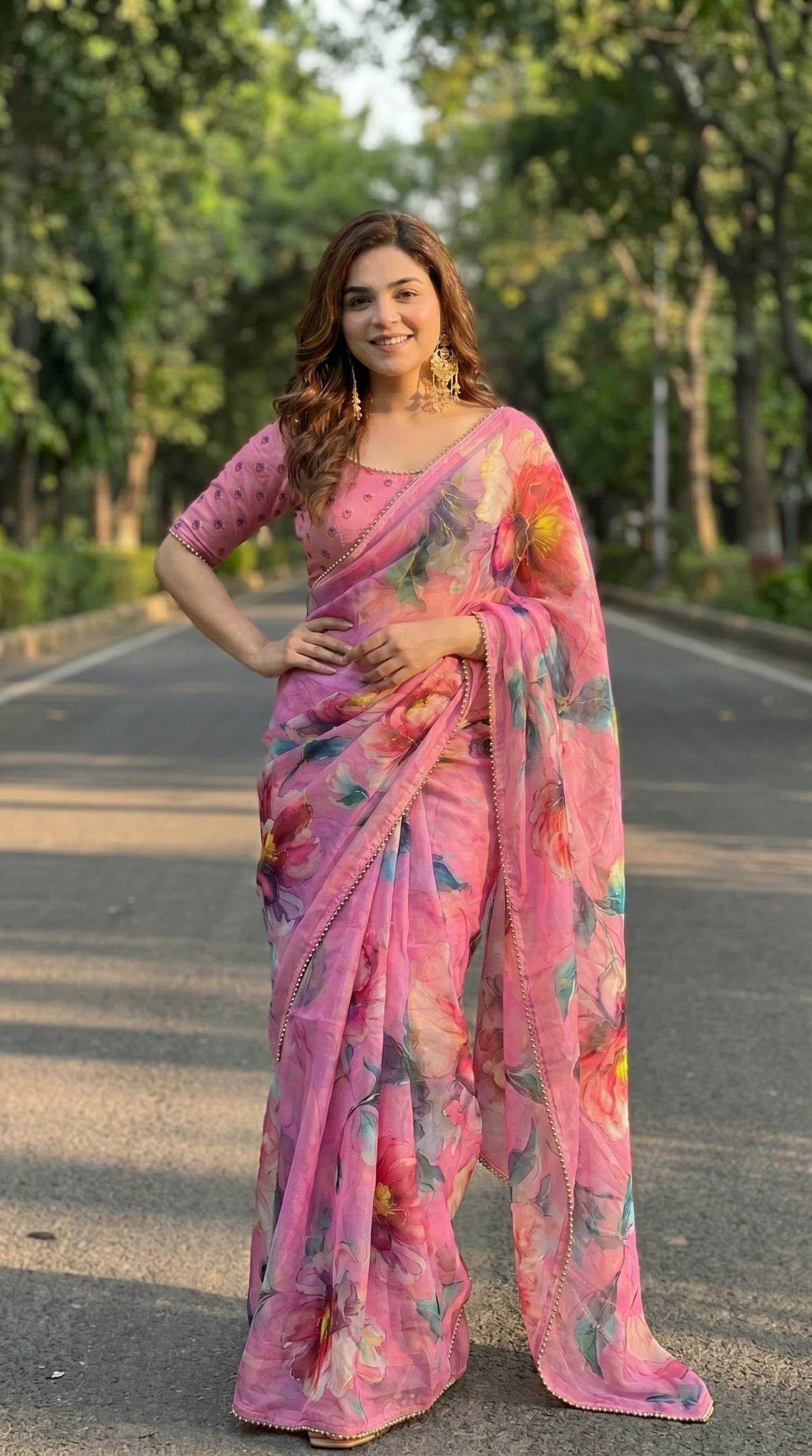 Georgette Printed Saree in Wine