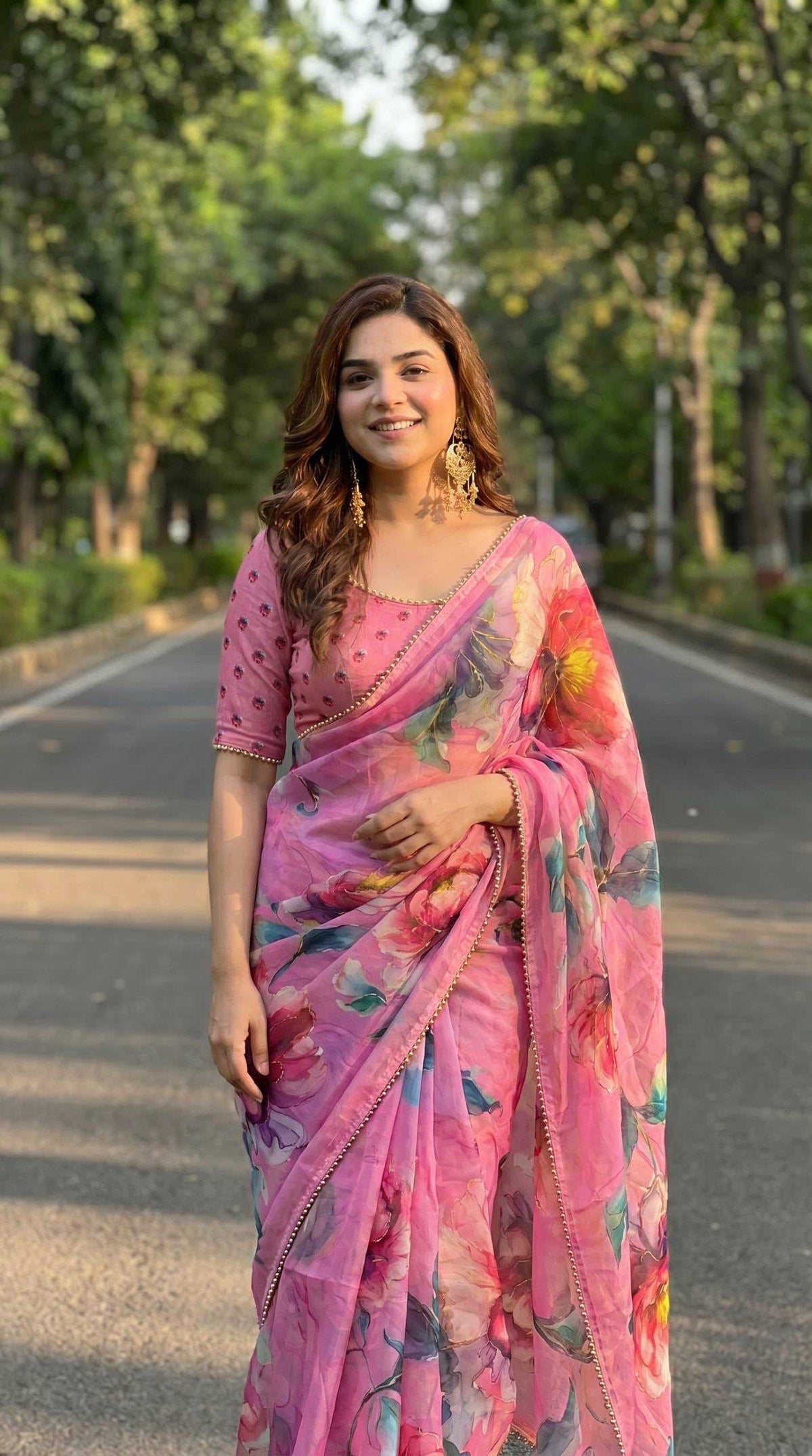 Georgette Printed Saree in Wine