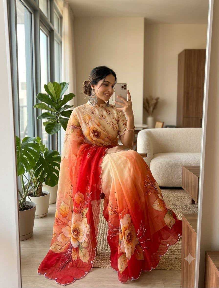 Chinon Designer Saree in Pink