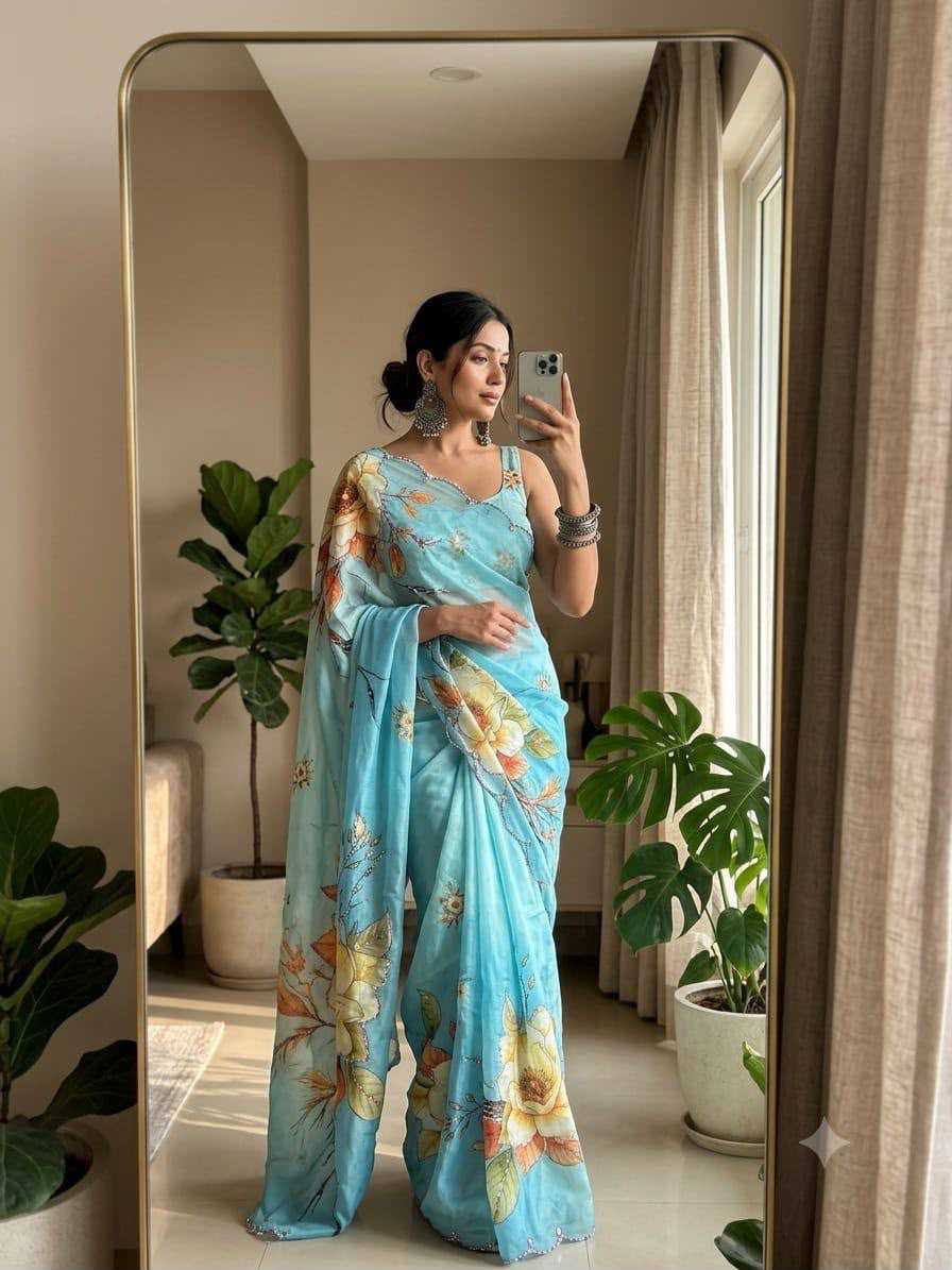 Chinon Designer Saree in Pink