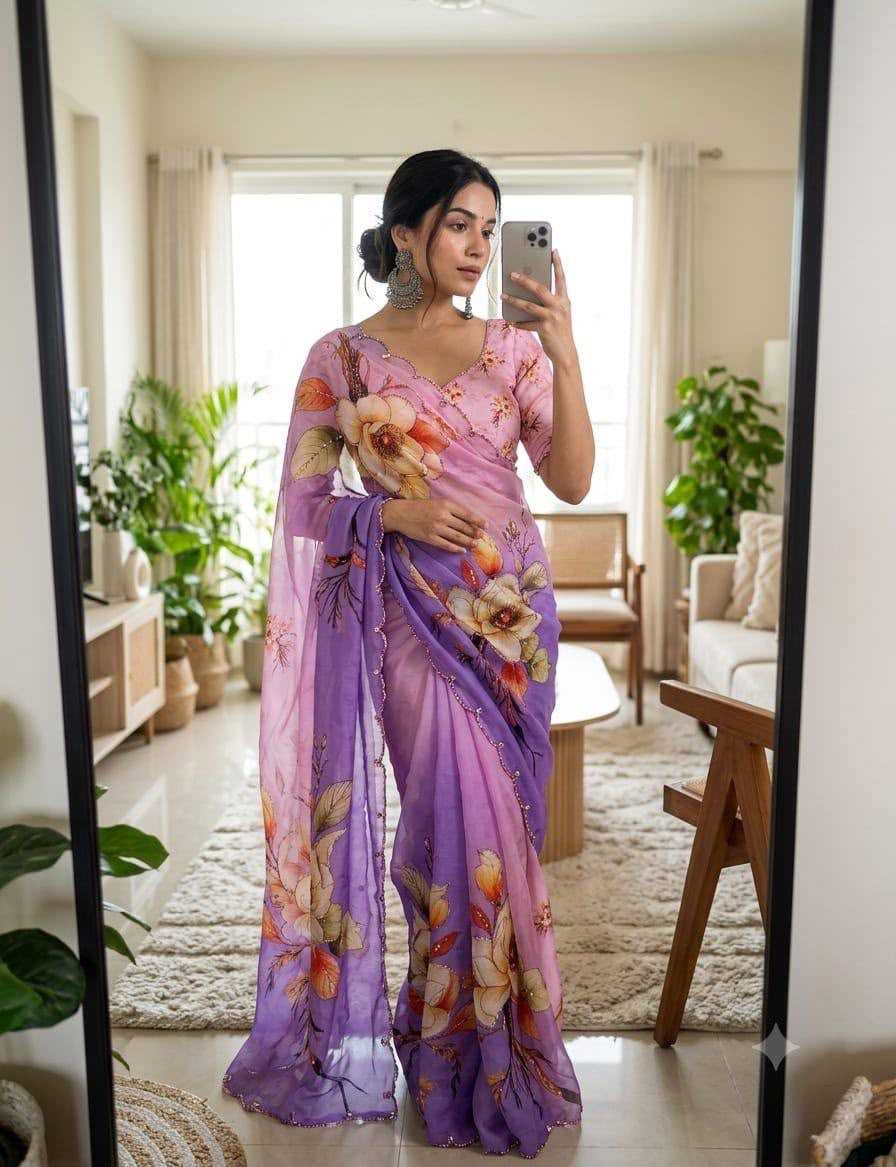 Chinon Designer Saree in Pink