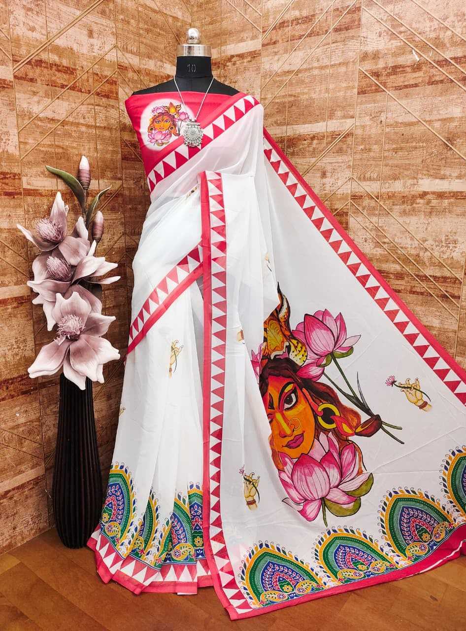 Georgette Printed Saree in Rani