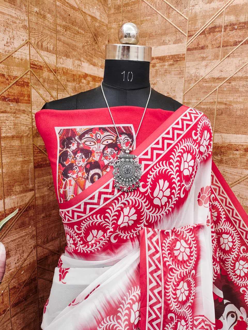 Georgette Printed Saree in Rani