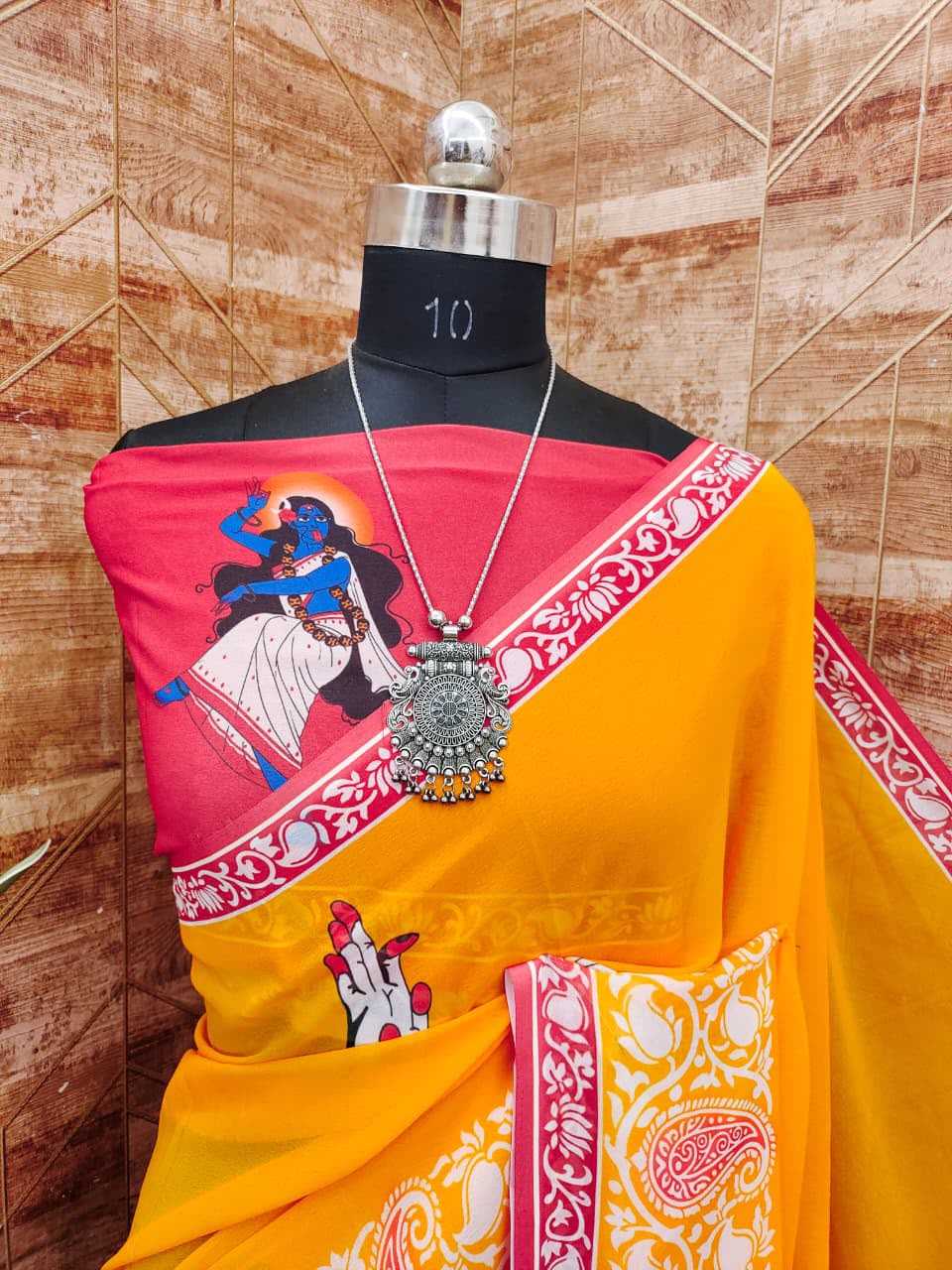 Georgette Printed Saree in Rani
