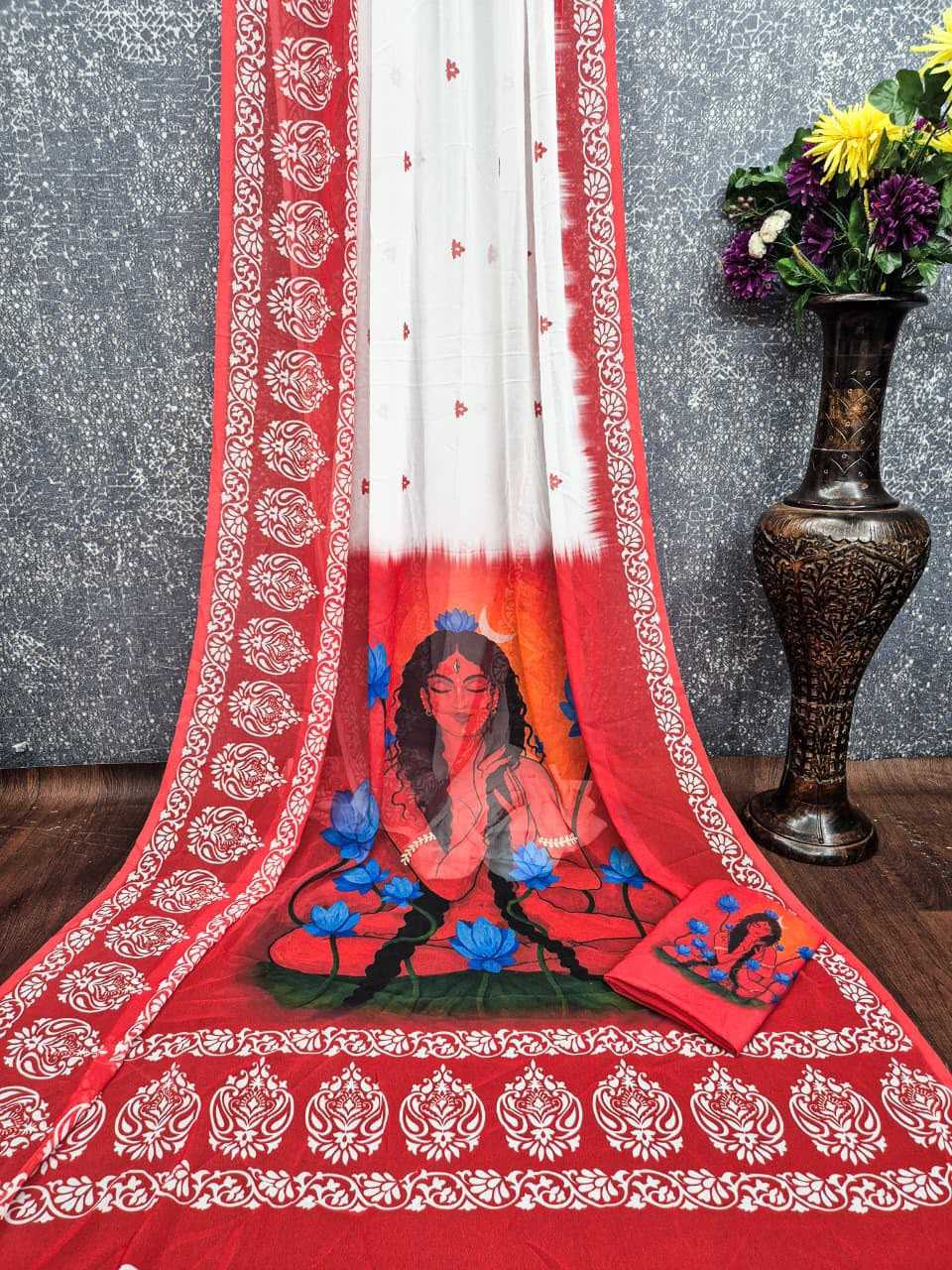Georgette Printed Saree in Rani