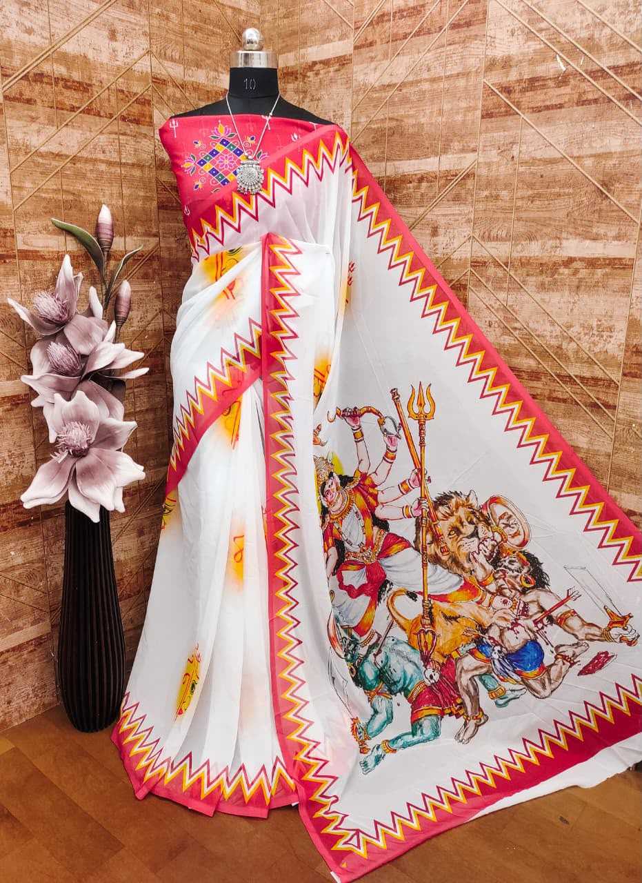Georgette Printed Saree in Rani