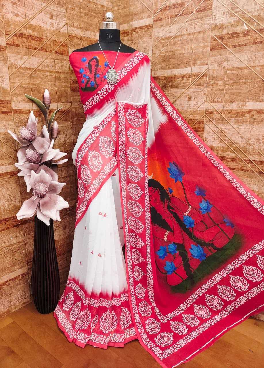 Georgette Printed Saree in Rani