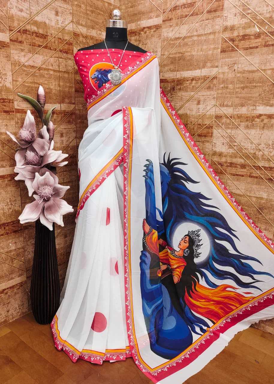 Georgette Printed Saree in Rani