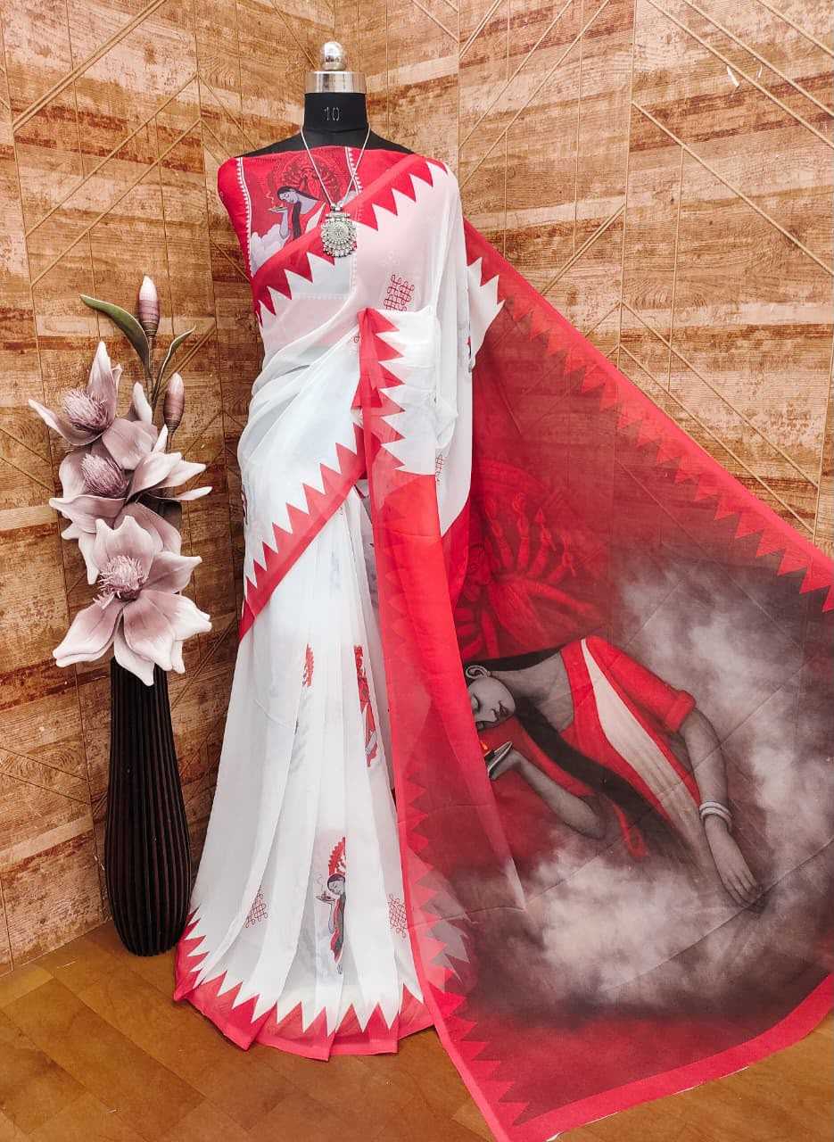 Georgette Printed Saree in Rani