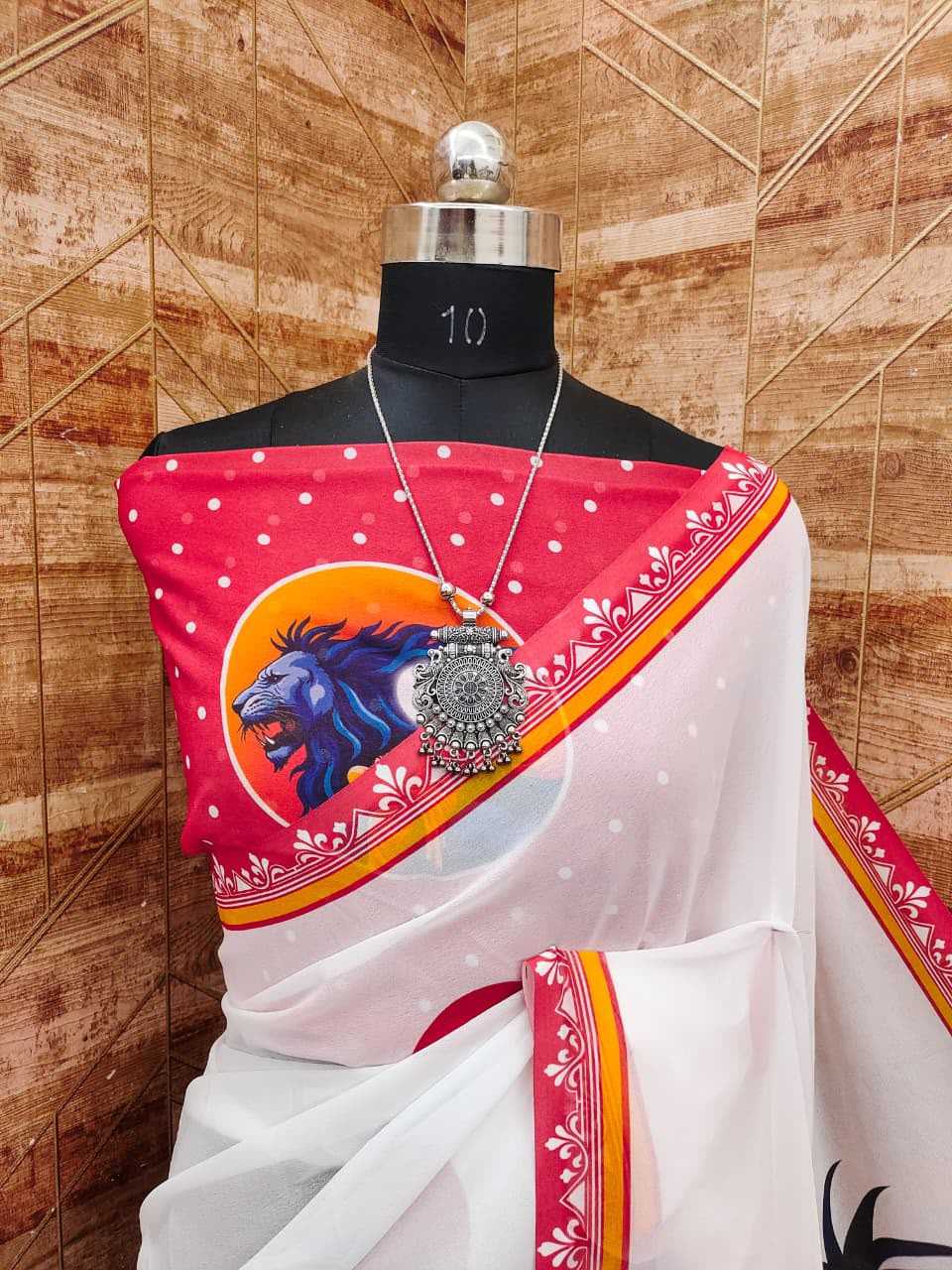 Georgette Printed Saree in Rani