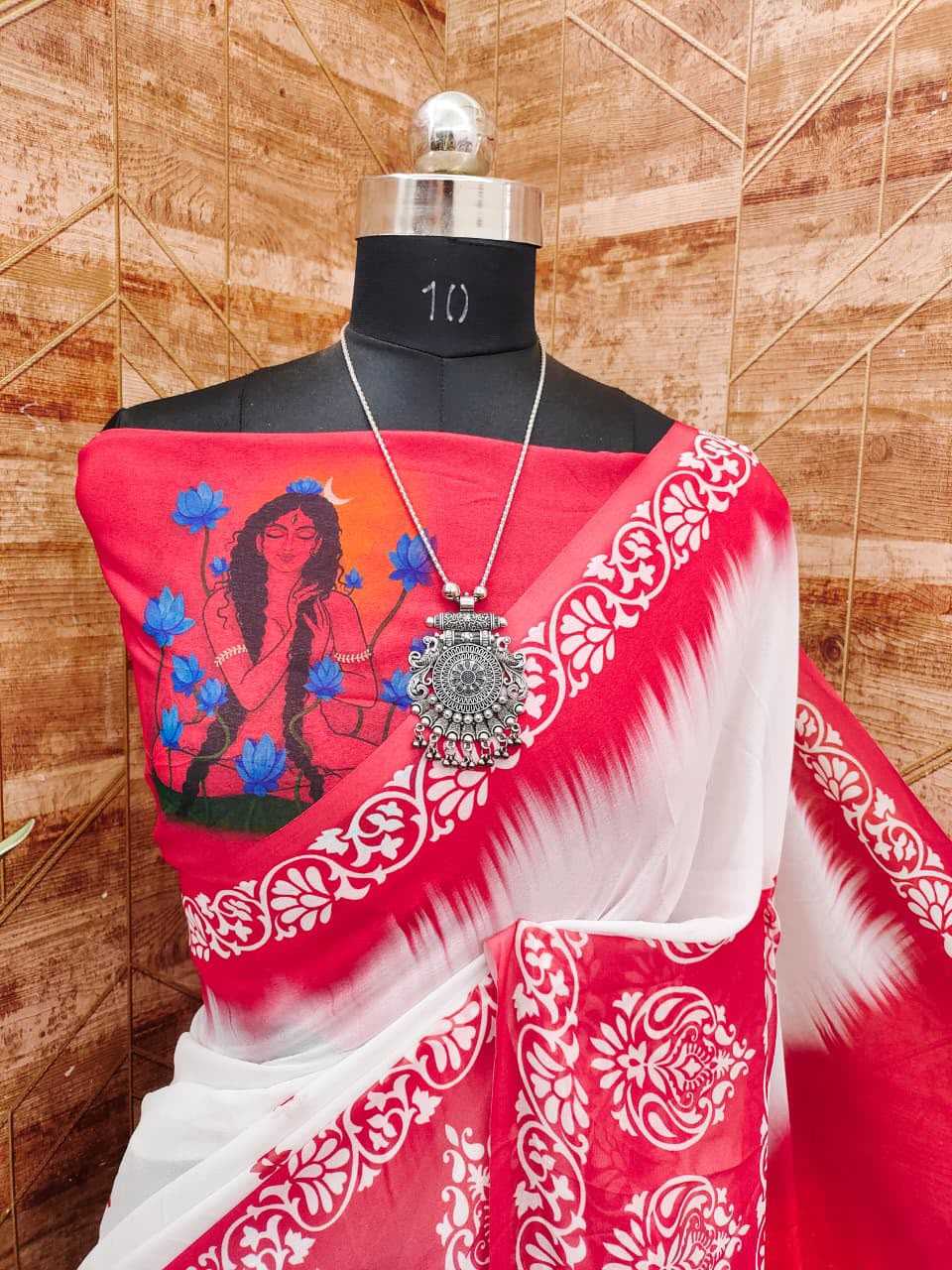 Georgette Printed Saree in Rani