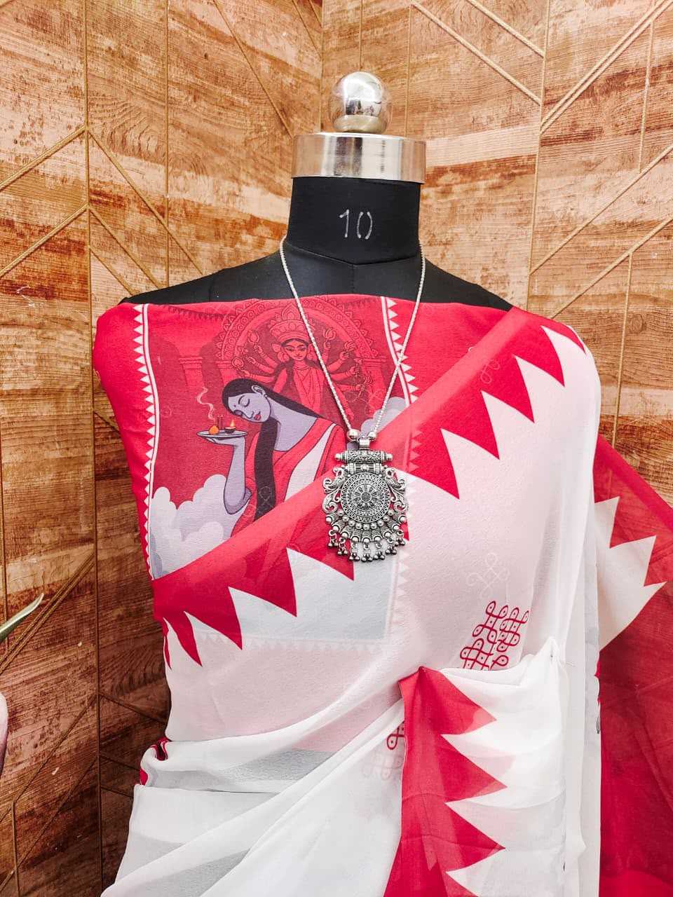 Georgette Printed Saree in Rani