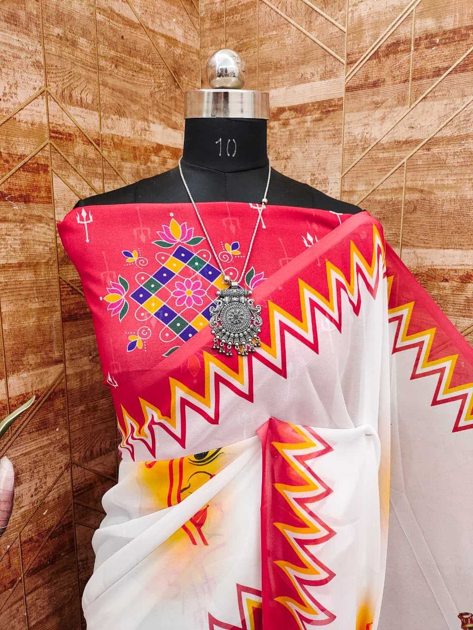 Georgette Printed Saree in Rani