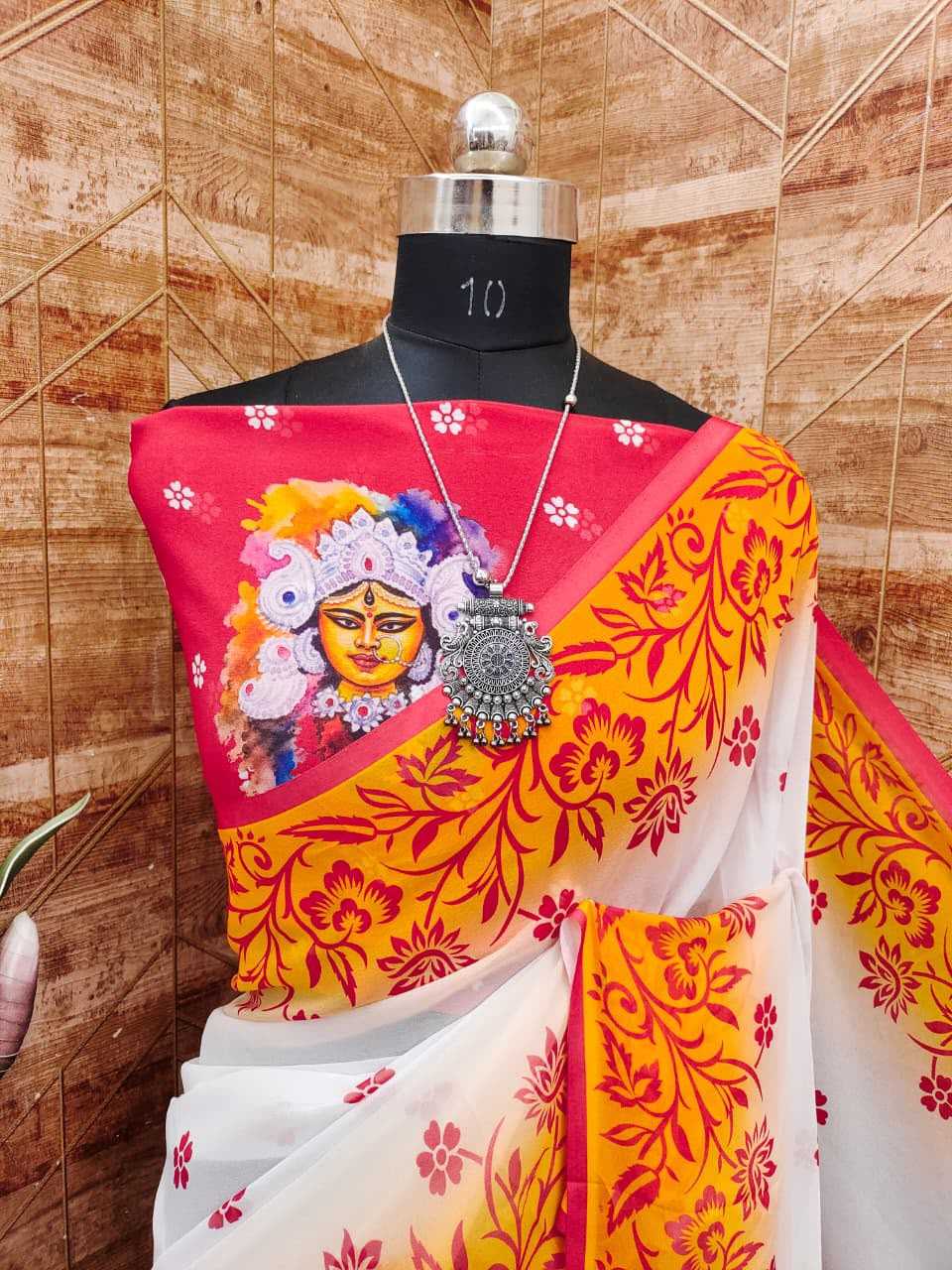 Georgette Printed Saree in Rani