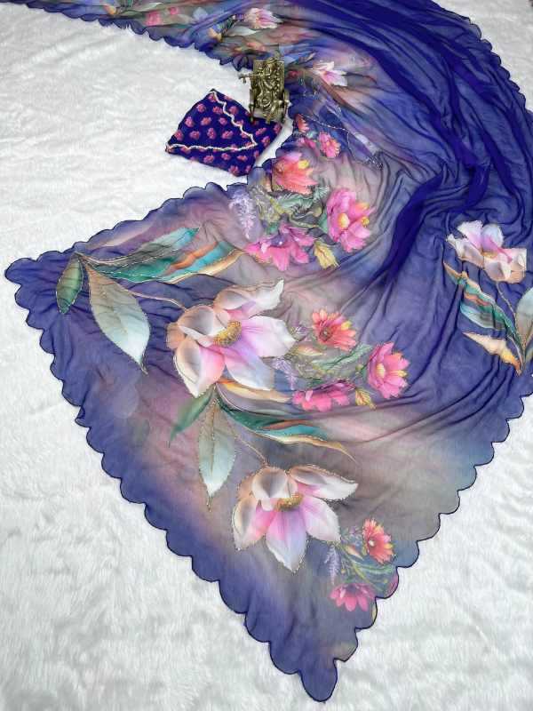 Georgette Printed Saree in Sea Blue