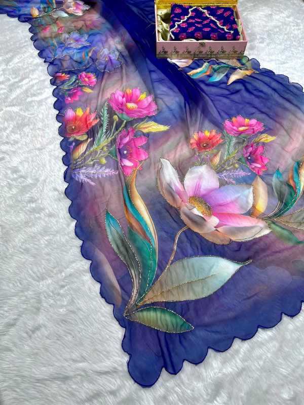 Georgette Printed Saree in Sea Blue