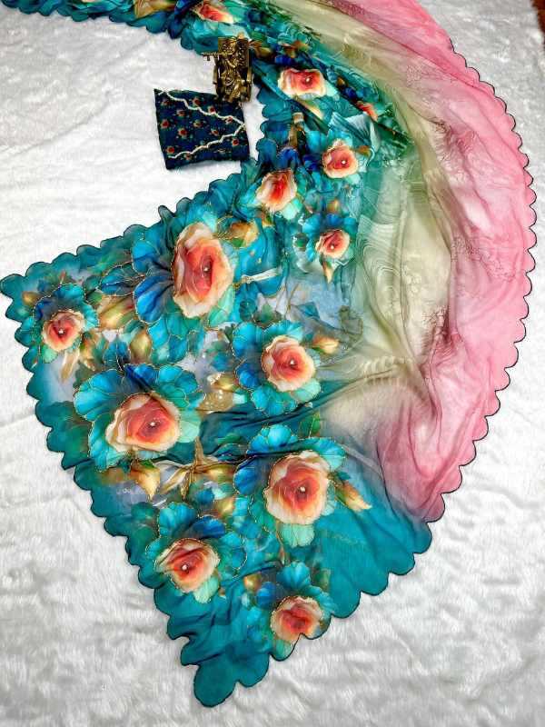 Georgette Printed Saree in Sea Blue
