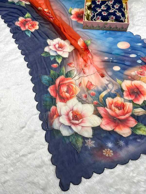 Georgette Printed Saree in Sea Blue