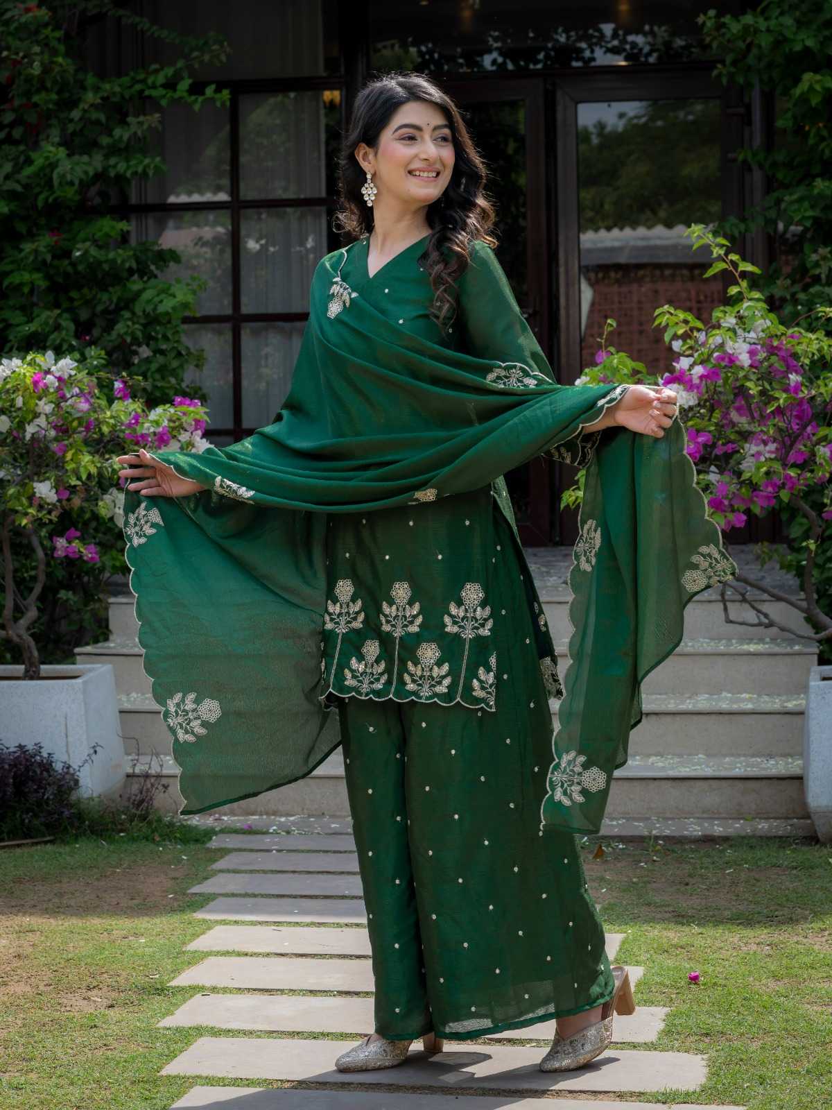 Chinon Embroidery Suit in Dark Green