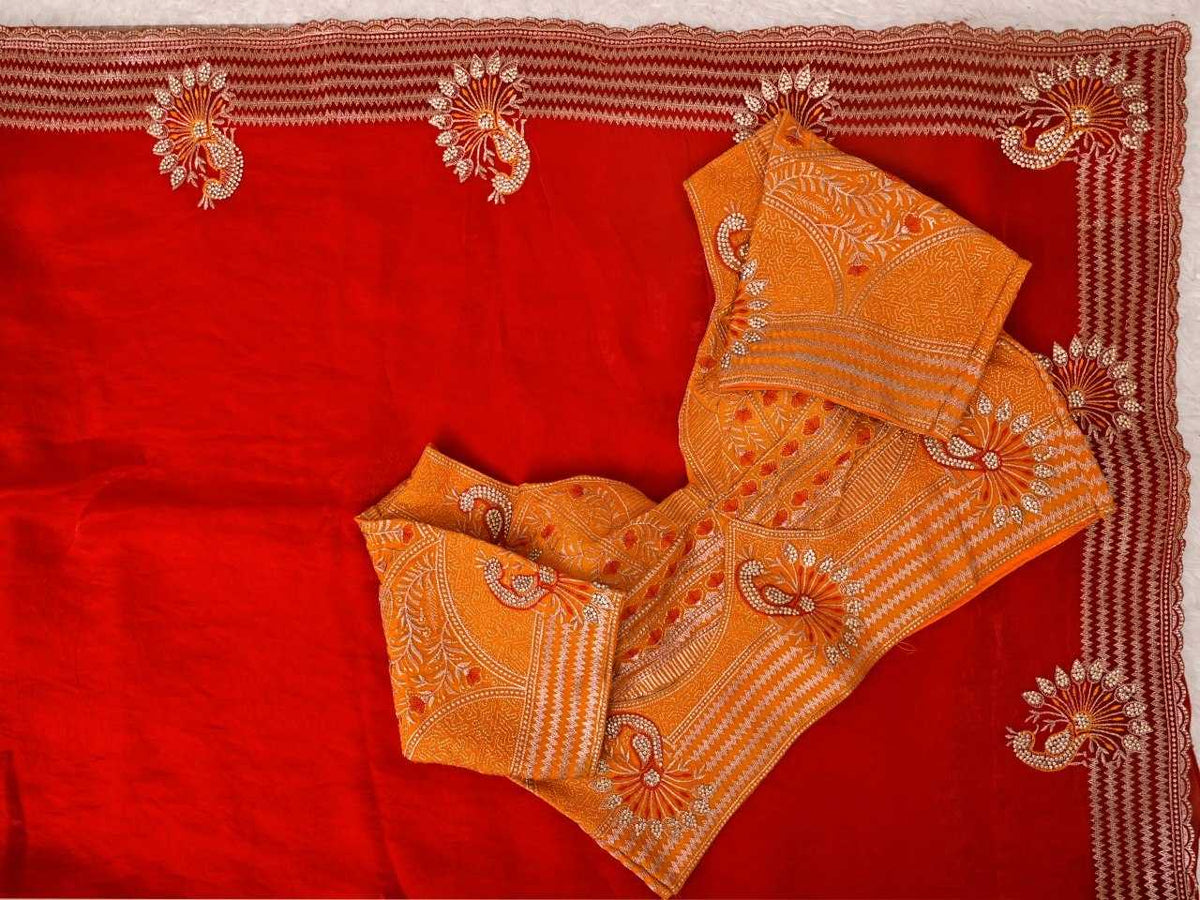 Satin Silk Soft Saree in Orange