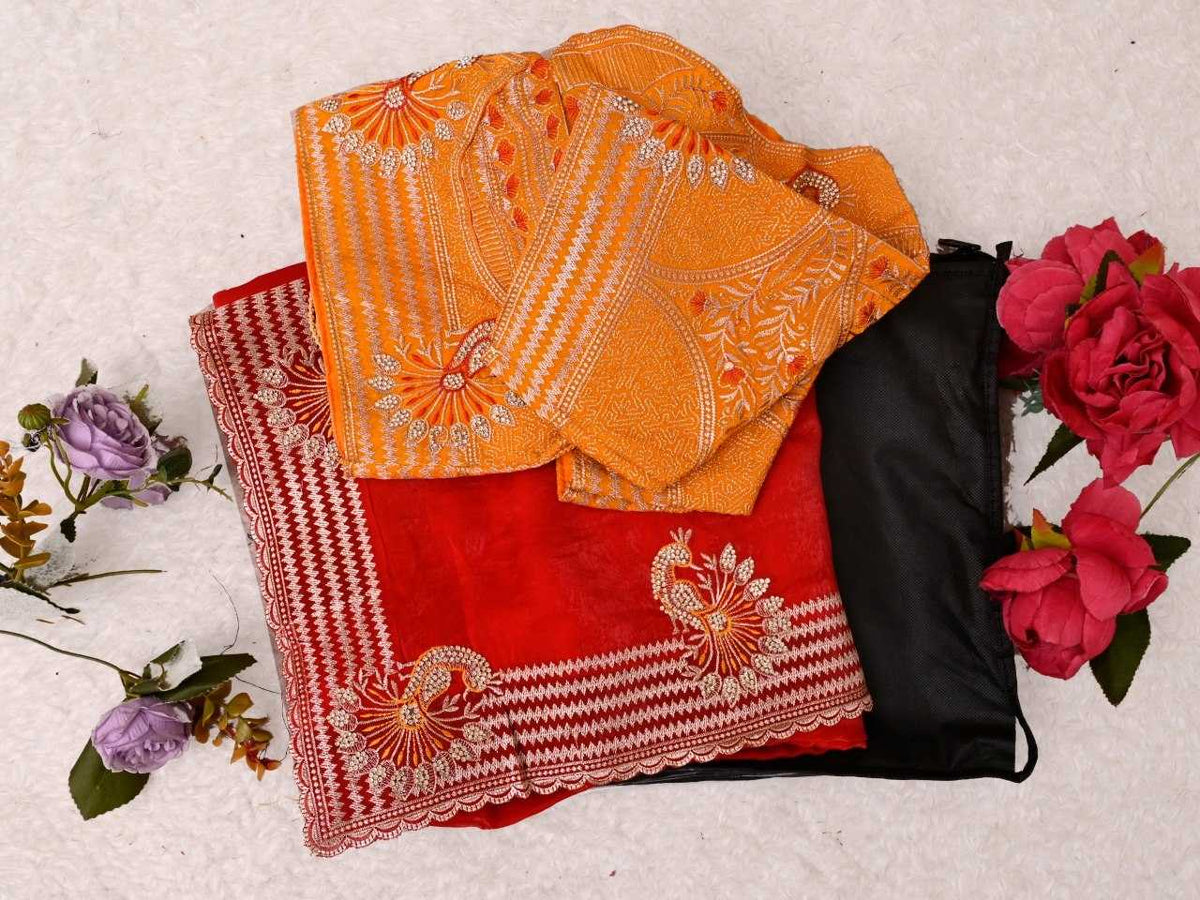 Satin Silk Soft Saree in Orange