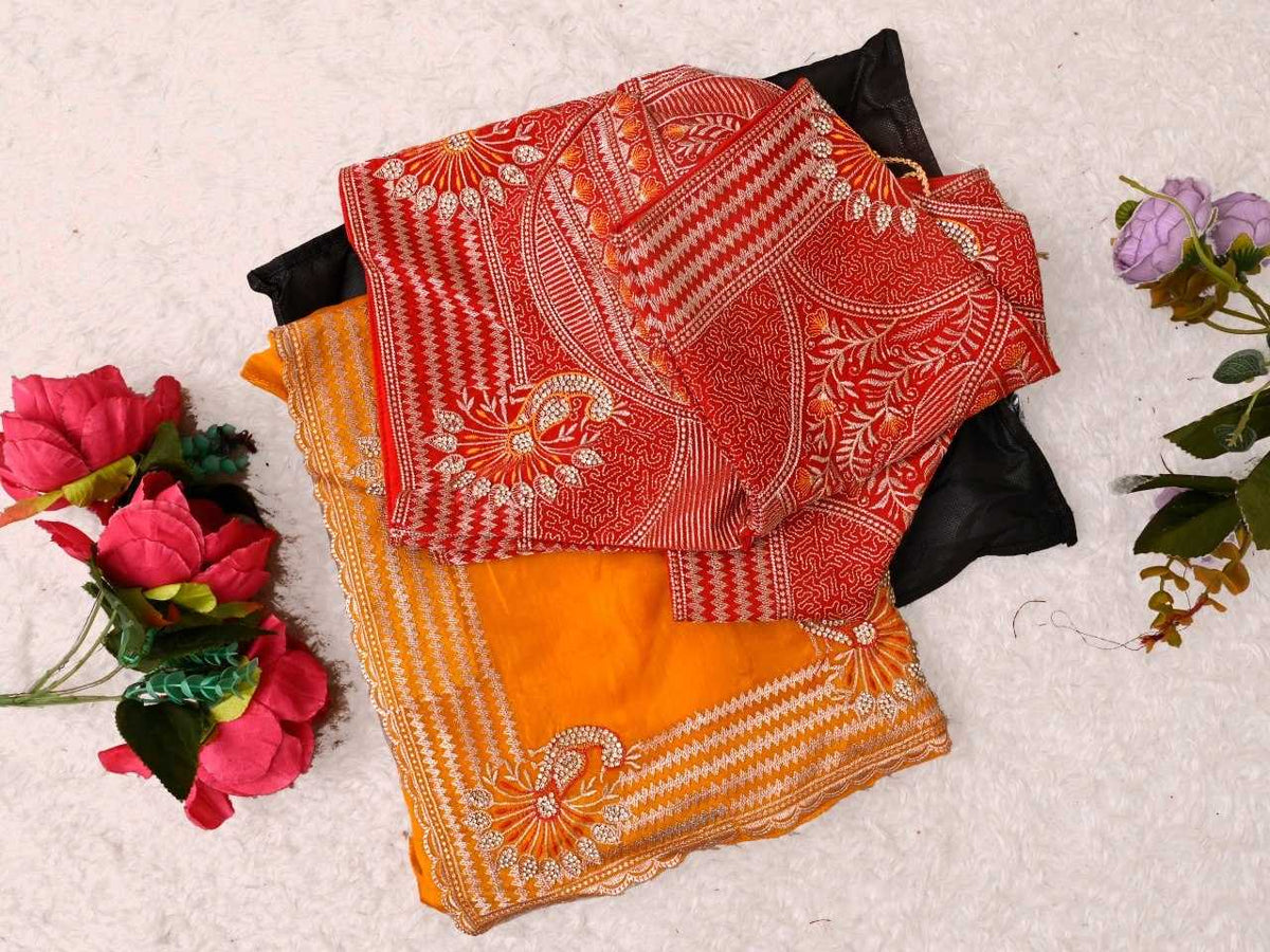 Satin Silk Soft Saree in Orange
