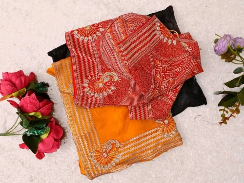 Satin Silk Soft Saree in Orange