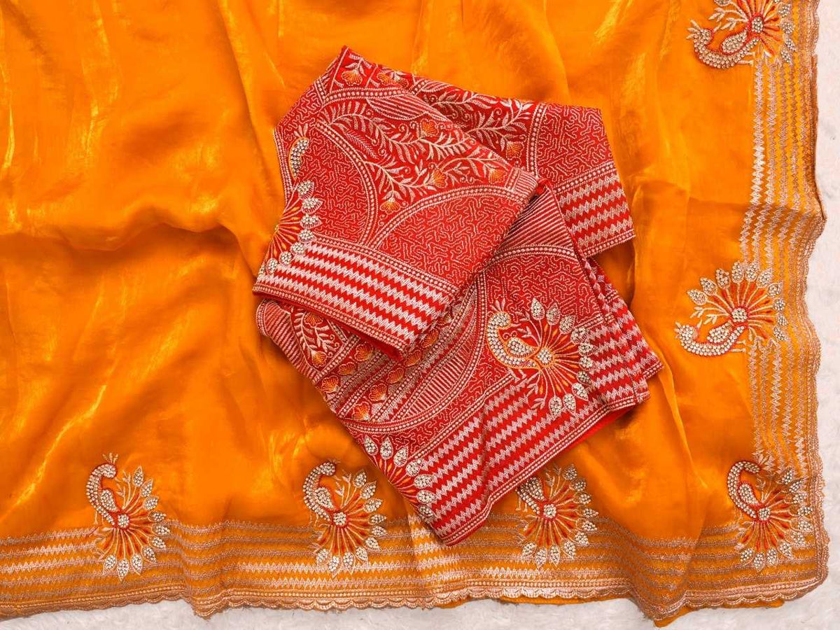 Satin Silk Soft Saree in Orange