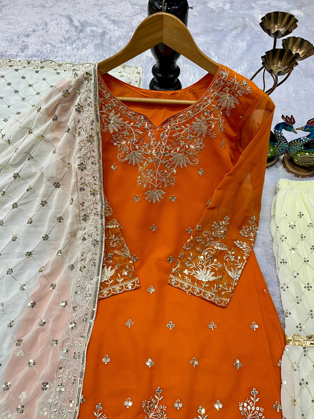 Faux Georgette Embroidery Suit in Bottle Green