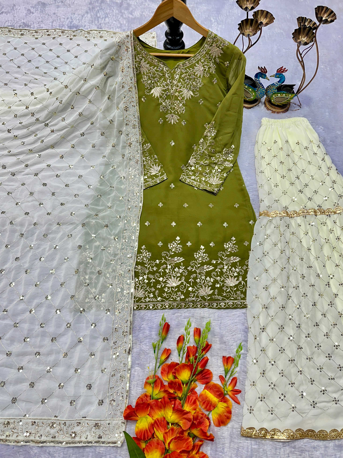 Faux Georgette Embroidery Suit in Bottle Green