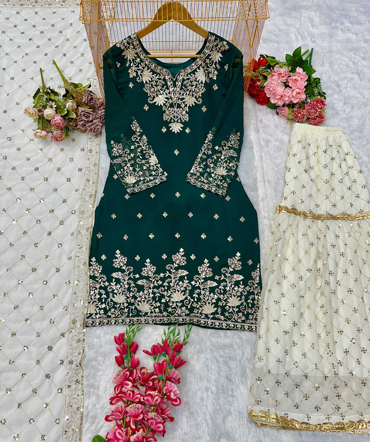 Faux Georgette Embroidery Suit in Bottle Green