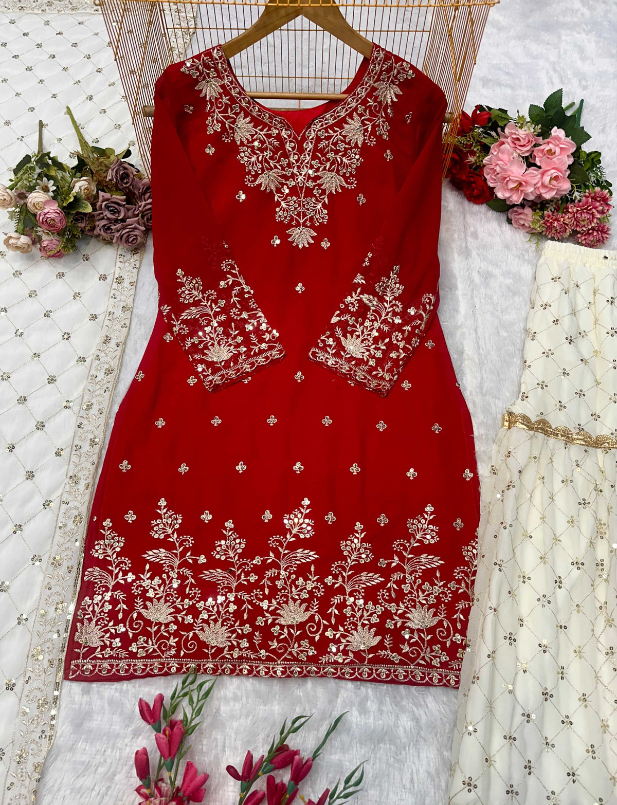 Faux Georgette Embroidery Suit in Bottle Green