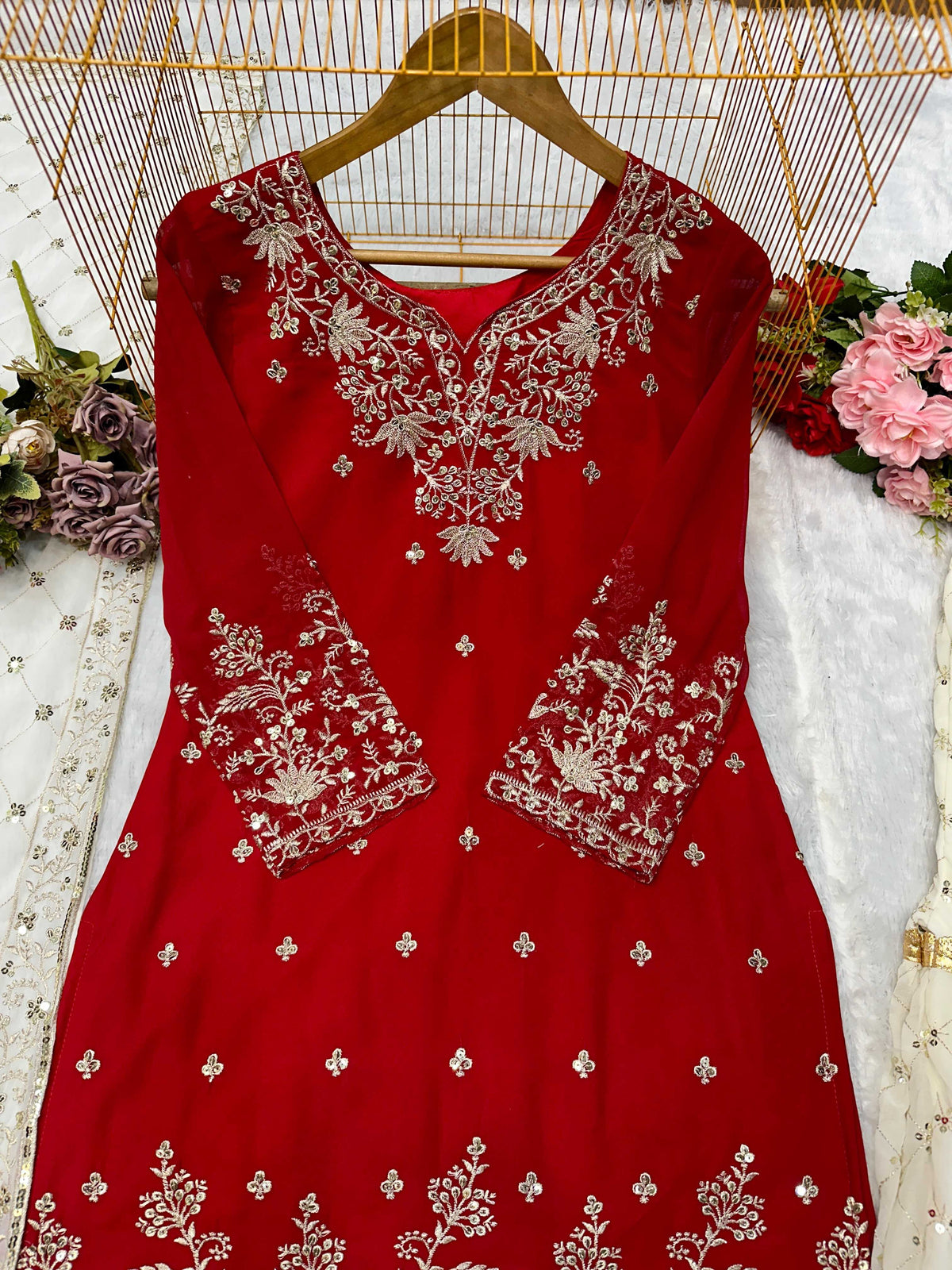 Faux Georgette Embroidery Suit in Bottle Green