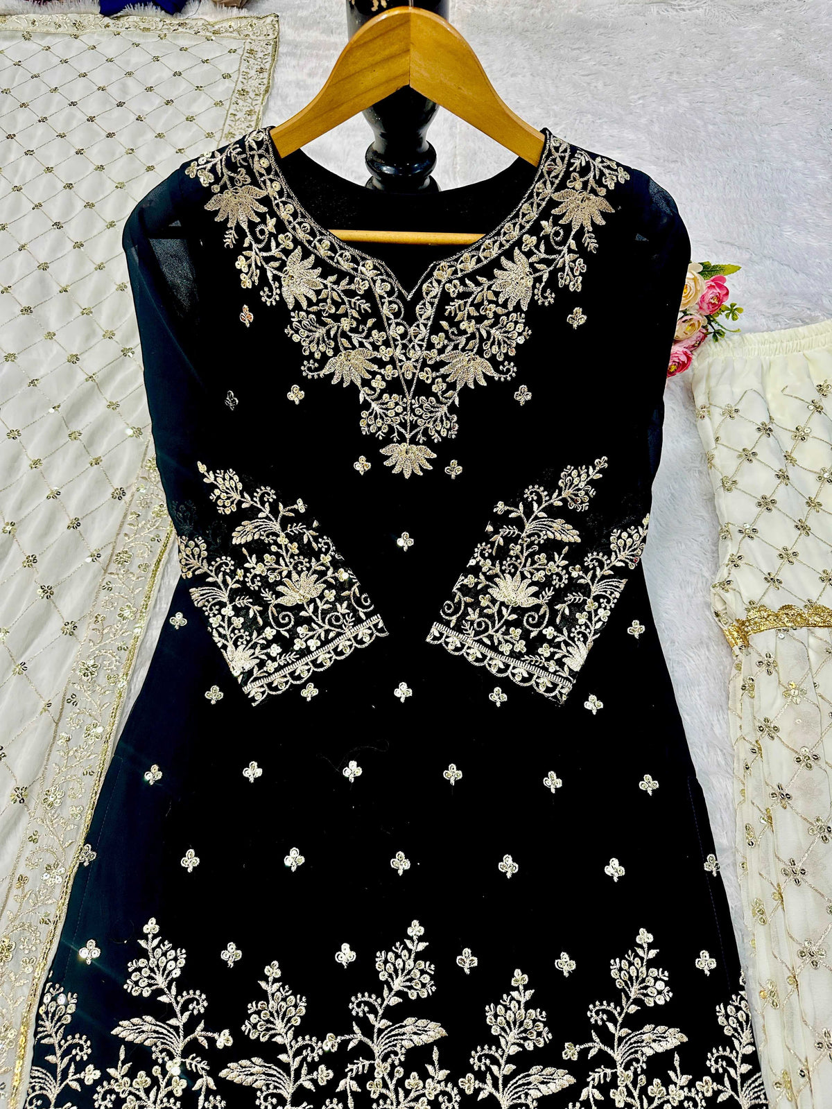 Faux Georgette Embroidery Suit in Bottle Green