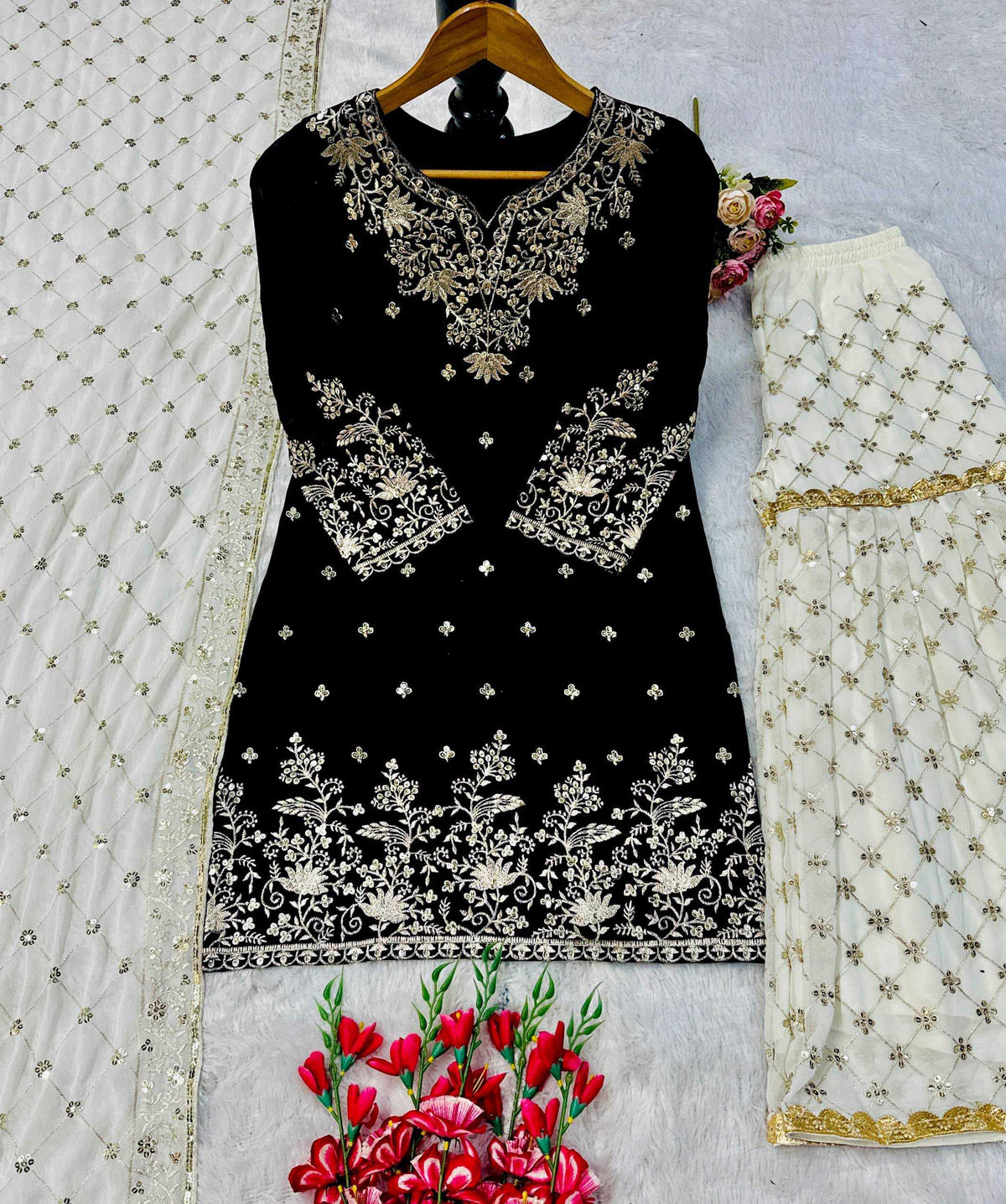 Faux Georgette Embroidery Suit in Bottle Green