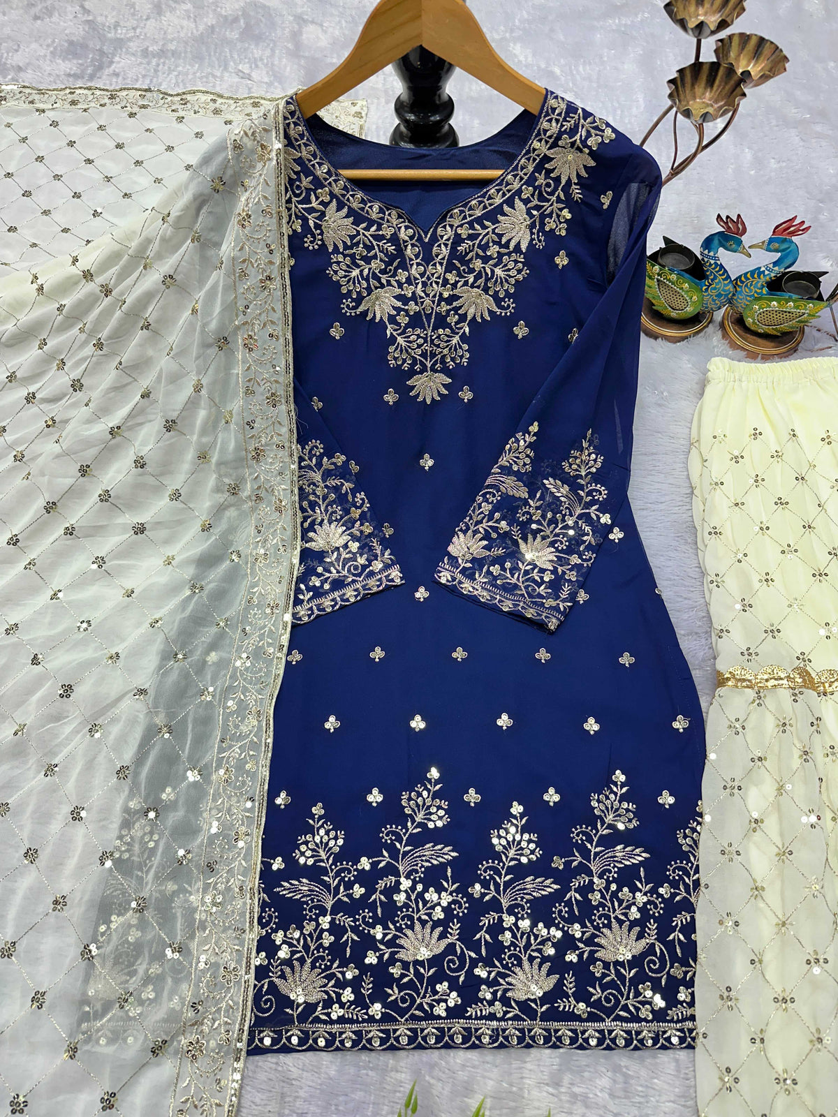 Faux Georgette Embroidery Suit in Bottle Green