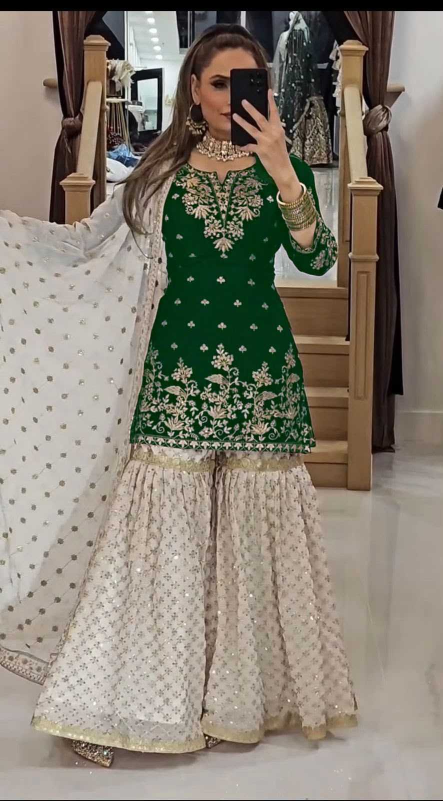 Faux Georgette Embroidery Suit in Bottle Green