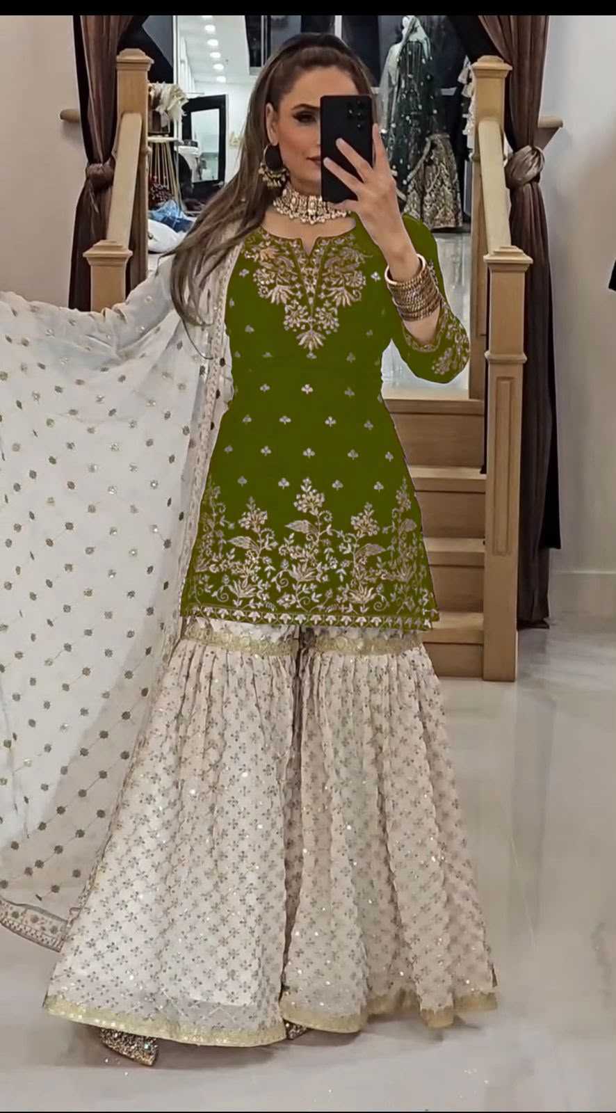 Faux Georgette Embroidery Suit in Bottle Green
