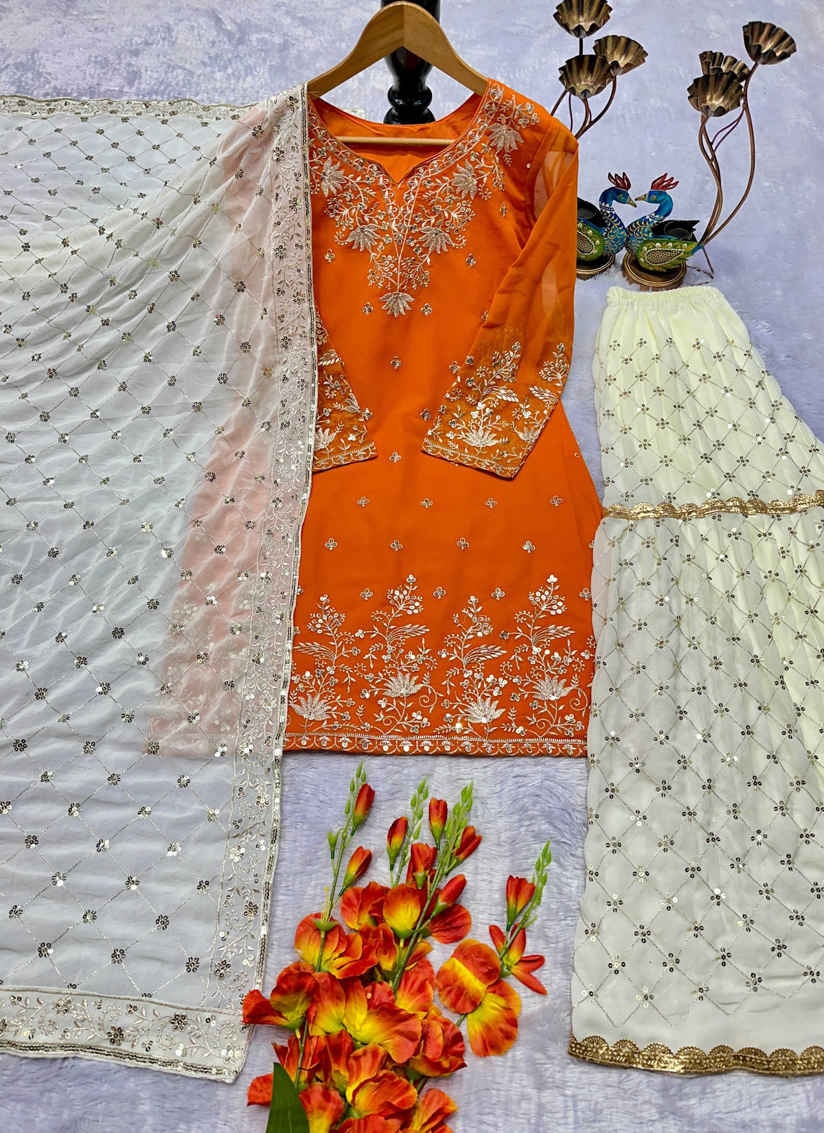 Faux Georgette Embroidery Suit in Bottle Green