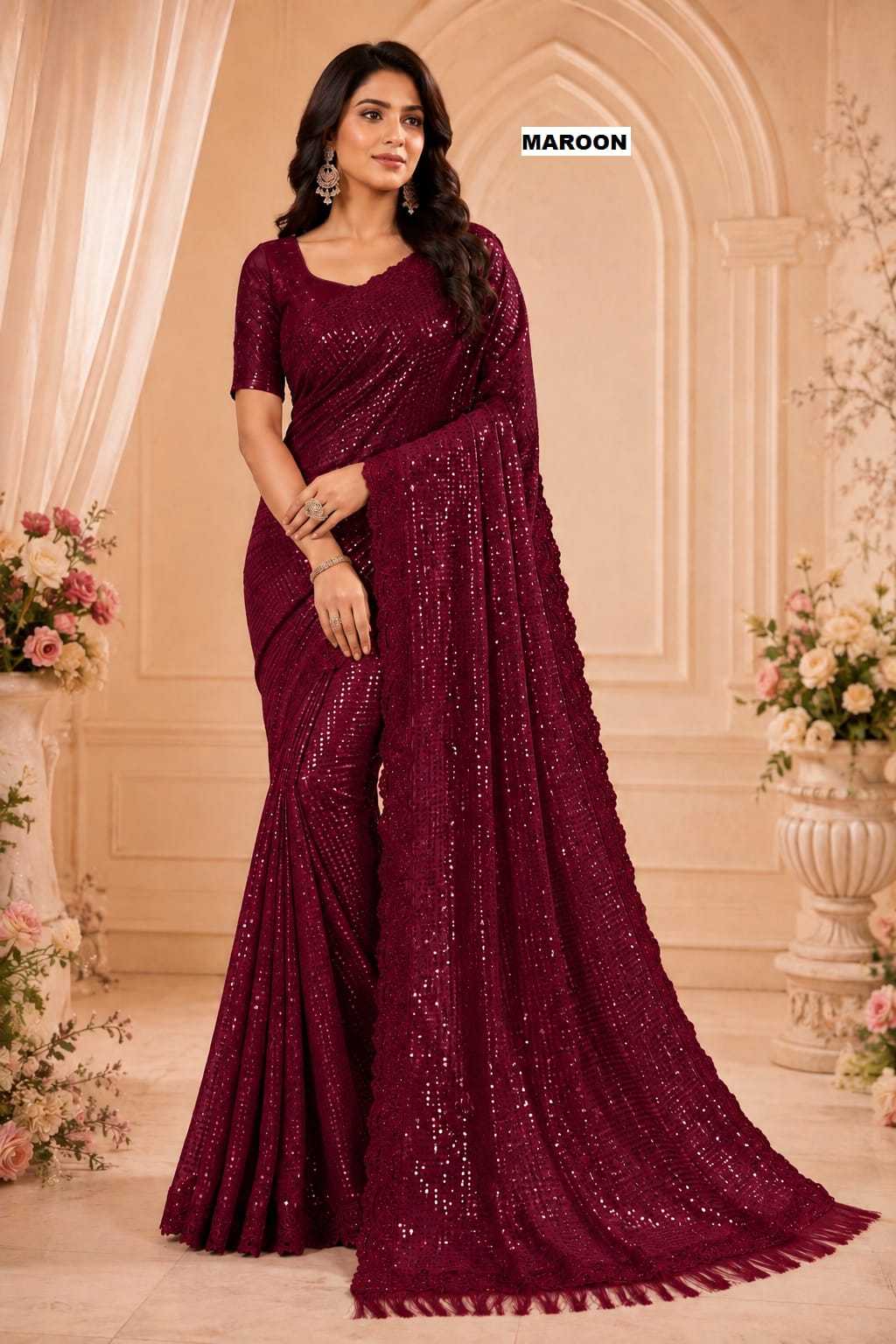 Georgette Saree in Dark Maroon