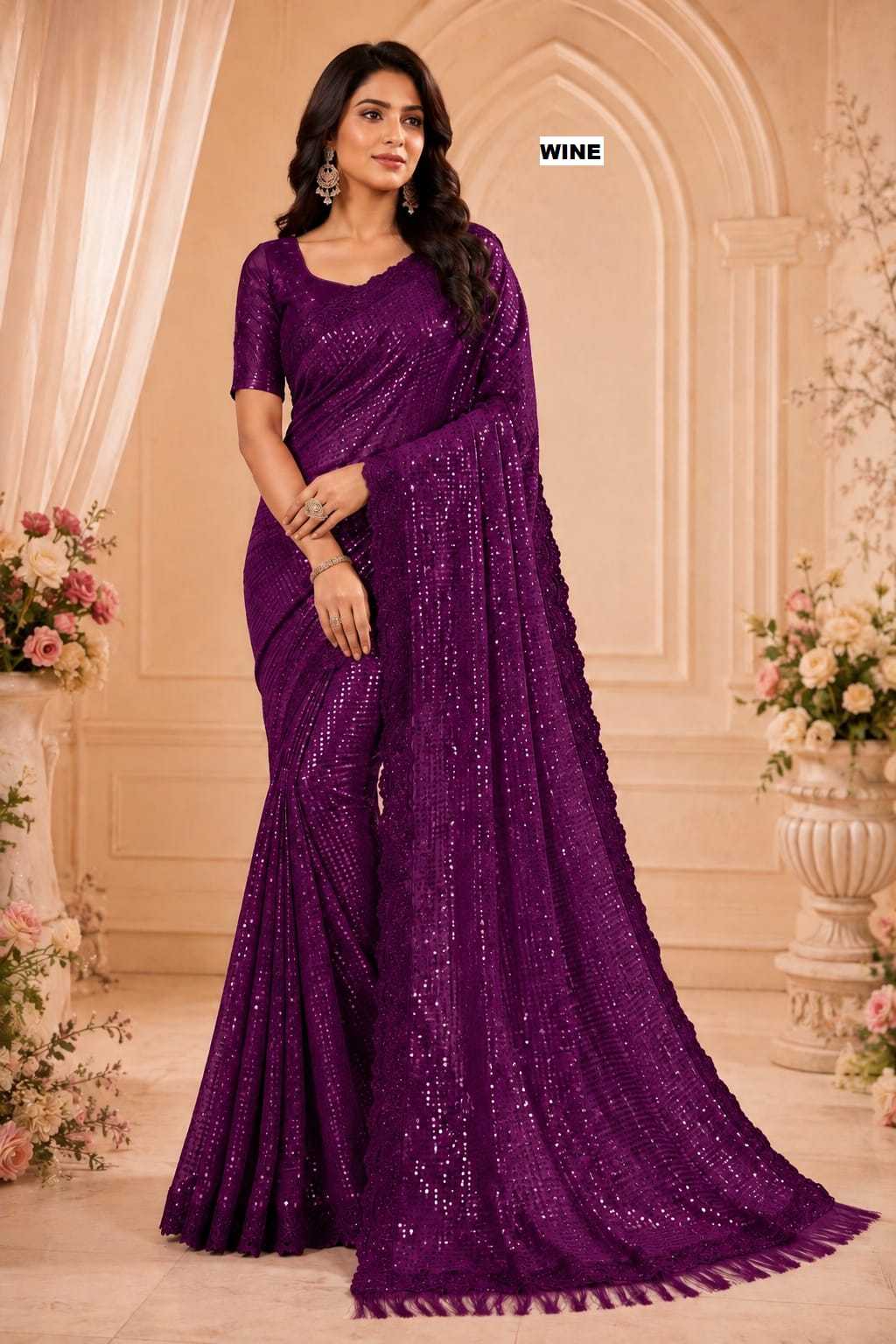 Georgette Saree in Dark Maroon