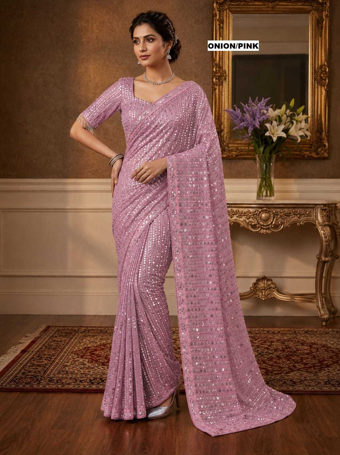 Faux Georgette Saree in Violet